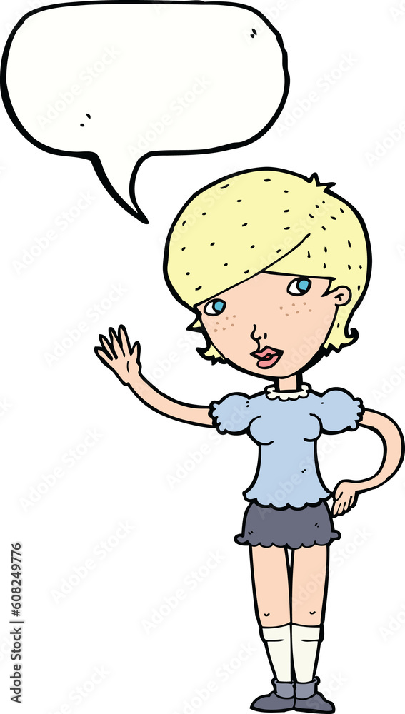 cartoon girl waving with speech bubble cartoon girl waving with speech bubble