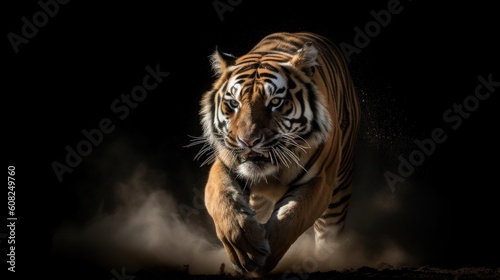 A Bengal Tiger  captured mid-stride  its sinewy muscles standing out beneath its luminous fur