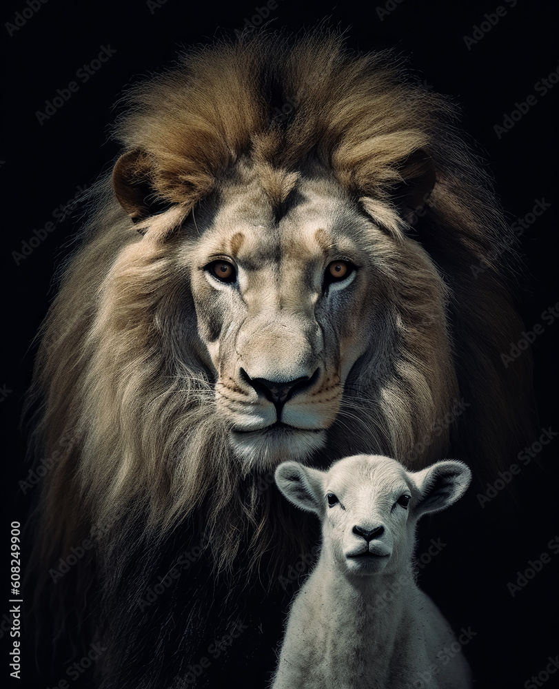 The lion and the lamb, sheep portrait in a black background.