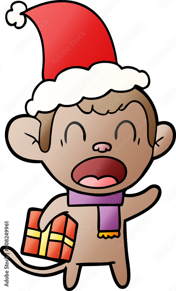 shouting hand drawn gradient cartoon of a monkey carrying christmas gift wearing santa hat shouting hand drawn gradient cartoon of a monkey carrying christmas gift wearing santa hat