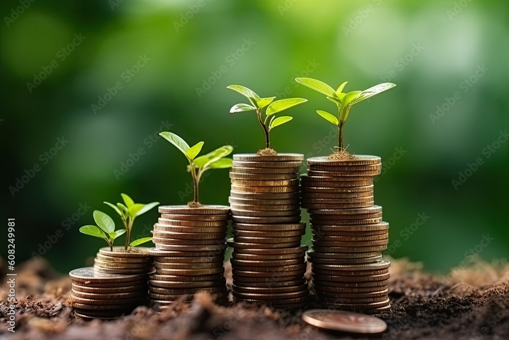 Small plants growing on stack of coins, a metaphor carbon credit system, Carbon neutrality zero emissions by 2050, Generative AI Small plants growing on stack of coins, a metaphor carbon credit system, Carbon neutrality zero emissions by 2050, Generative AI