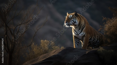 Bengal Tiger  its head raised proudly  oversees its territory from a high rocky perch