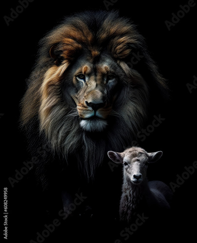 The lion and the lamb  sheep portrait in a black background.