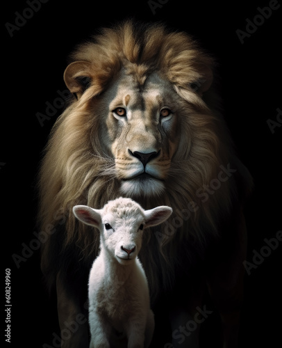 The lion and the lamb, sheep portrait in a black background.
