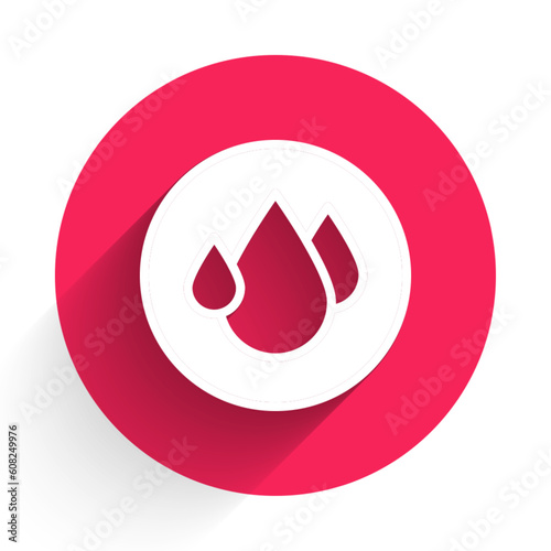White Water drop icon isolated with long shadow background. Red circle button. Vector