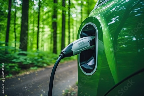 Green electric vehicle connected to charger, Carbon credit carbon neutrality goal 2050, Generative AI