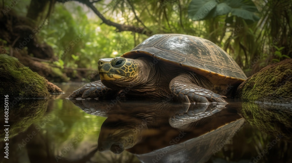Fototapeta premium A grand Galapagos Tortoise gradually navigating its way through a verdant, tropical forest