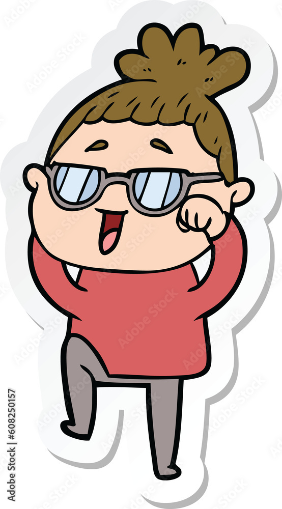 sticker of a cartoon happy woman wearing spectacles