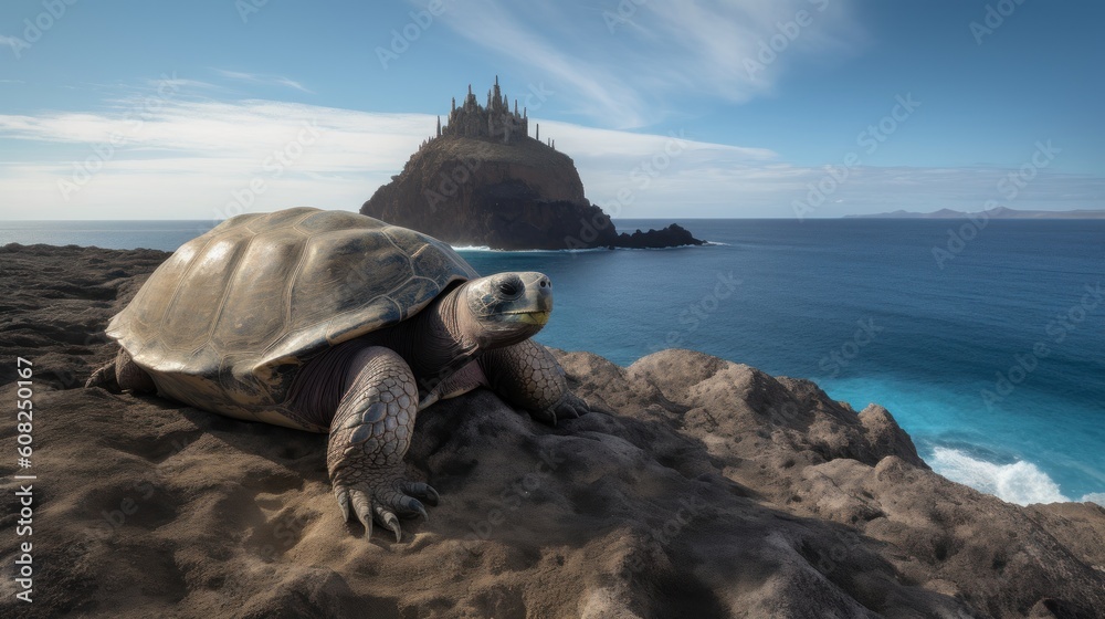 A Galapagos Tortoise sunning itself on a jagged cliff, encircled by the pristine, shimmering ocean
