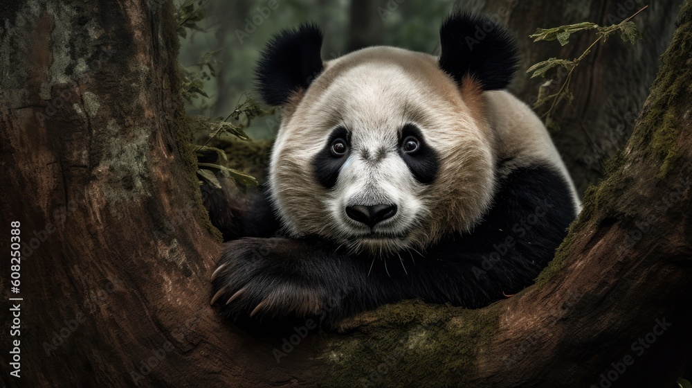 Fototapeta premium A Giant Panda, playfully rolling amidst the tall bamboo stalks, its infectious energy dominating the tranquil woods