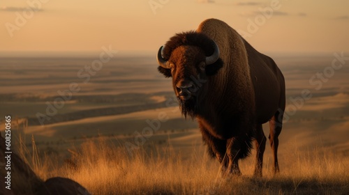 A majestic American Bison standing atop a rocky outcrop