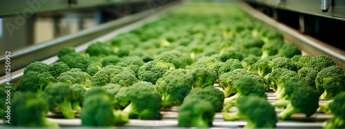 broccoli, tape in the food industry, products ready for automatic packaging. Concept with automated food production. Generative AI, photo