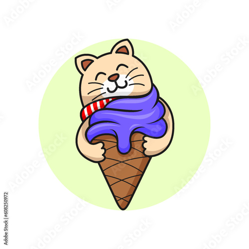 Cute kawaii cat hug an ice cream mascot