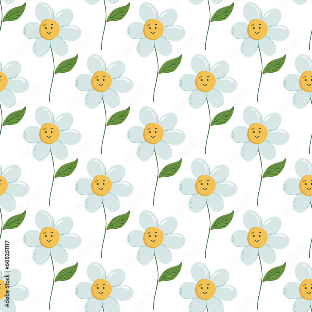 Y2k retro style floral seamless pattern. Flower background with smiling chamomiles. Cool groovy print with kawaii flower bud, stem and leaf. 