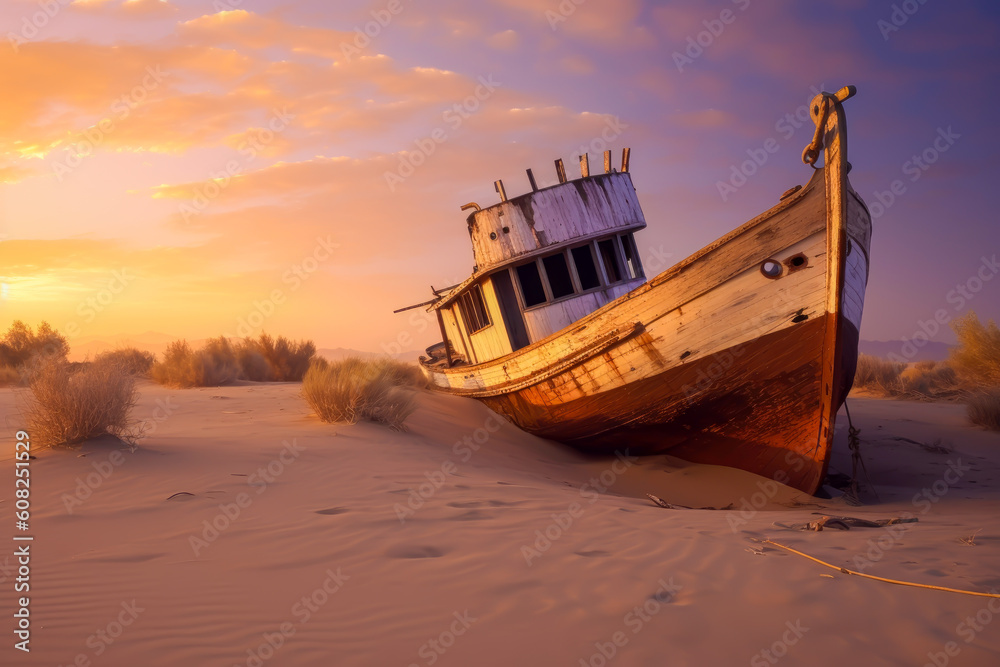An abandoned fishing boat on a desert dune, Generative AI
