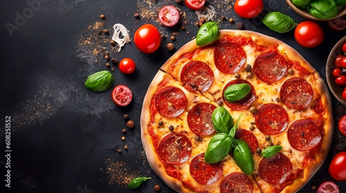 food photography of Tasty pepperoni pizza and cooking ingredients tomatoes basil on black concrete background. Top view - ai generative