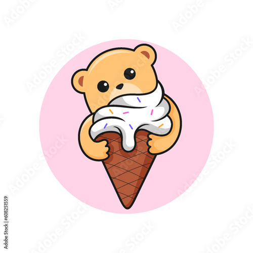 Cute kawaii bear hug an ice cream mascot