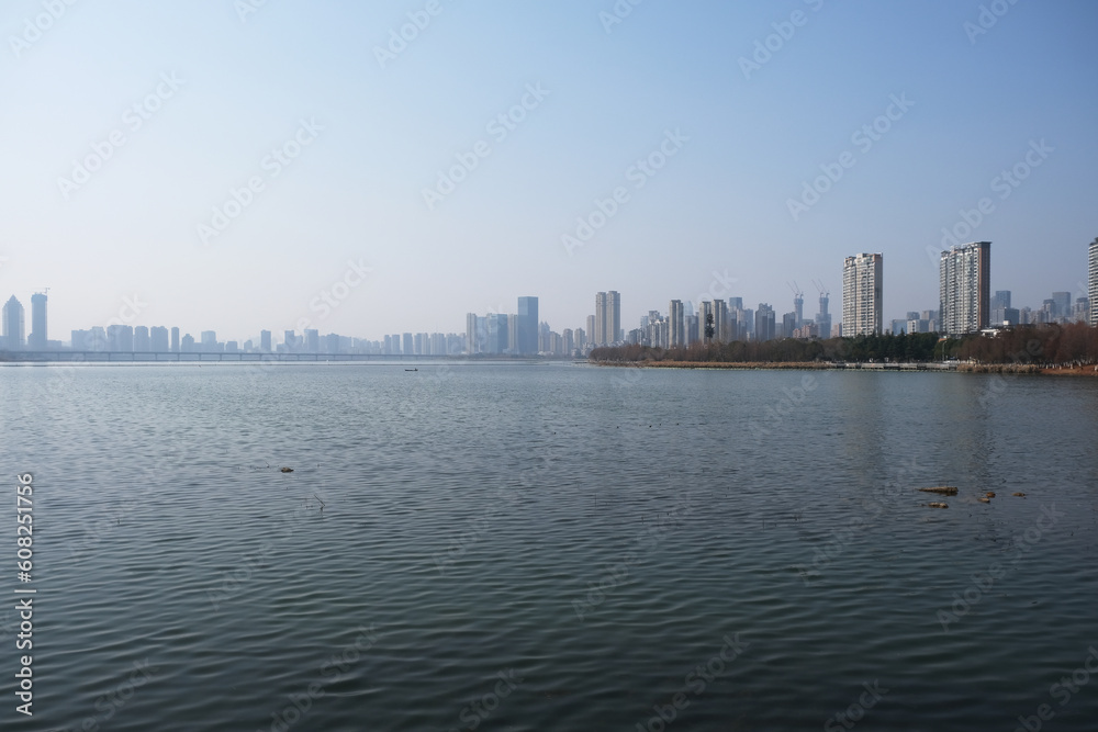 wide Sha Lake in Wuhan, Hubei Province, China. Wuhan city landscape under blue sky