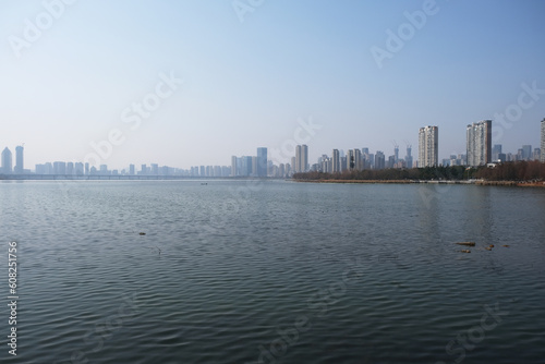 wide Sha Lake in Wuhan  Hubei Province  China. Wuhan city landscape under blue sky