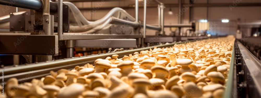 mushrooms tape in the food industry, products ready for automatic packaging. Concept with automated food production. Generative AI,