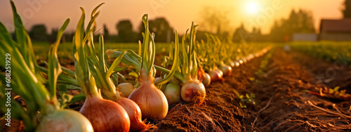 onion grows in the garden harvest. Generative Ai, photo