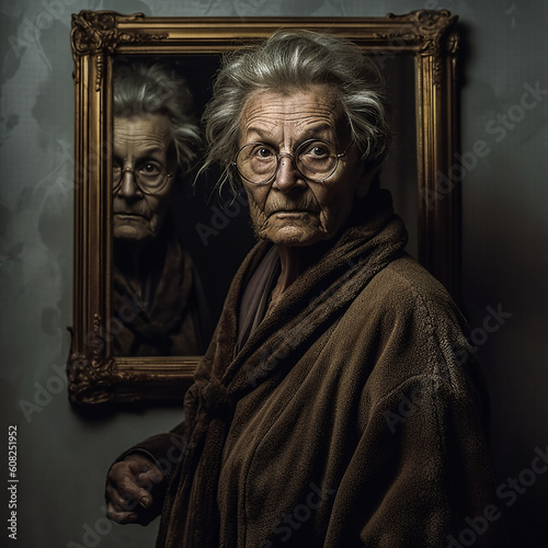 Old Woman and a Mirror. Generative AI. A digital painting of an old woman with a mirror reflection.