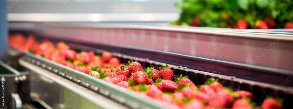 strawberries, tape in the food industry, products ready for automatic packaging. Concept with automated food production. Generative AI,
