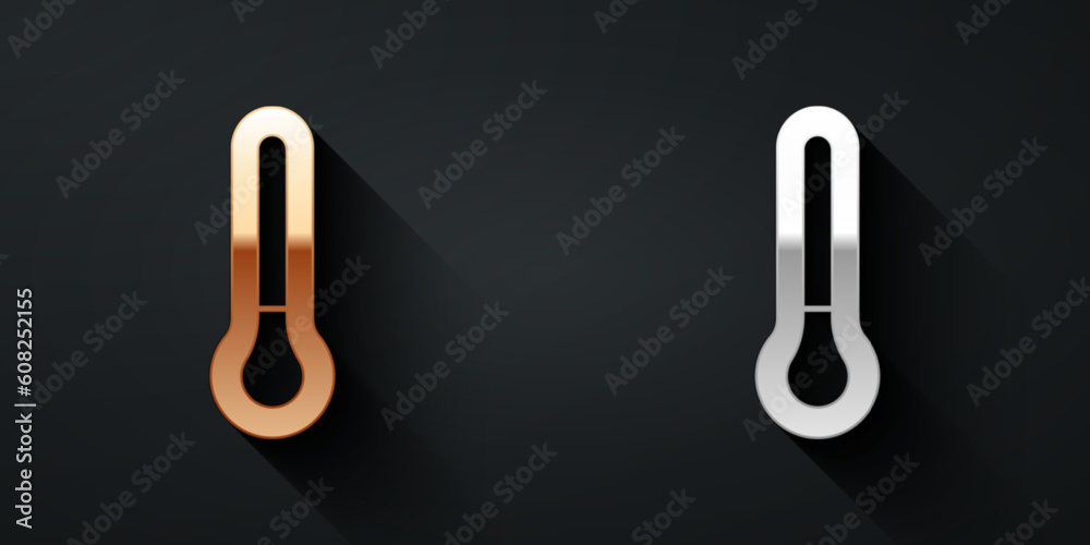 Gold and silver Meteorology thermometer measuring icon isolated on black background. Thermometer equipment showing hot or cold weather. Long shadow style. Vector Gold and silver Meteorology thermometer measuring icon isolated on black background. Thermometer equipment showing hot or cold weather. Long shadow style. Vector
