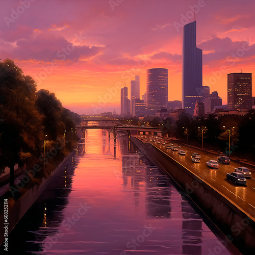 Sunset over the city of Frankfurt am Main, Germany. Digital painting.AI Generated