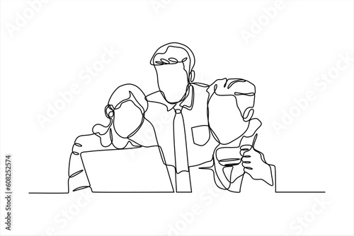 continuous line drawing of a group of businessmen having a discussion