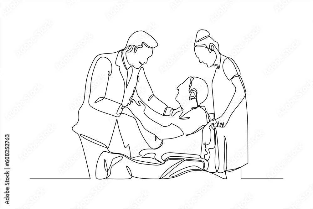 continuous line drawing of doctor examining patient in wheelchair