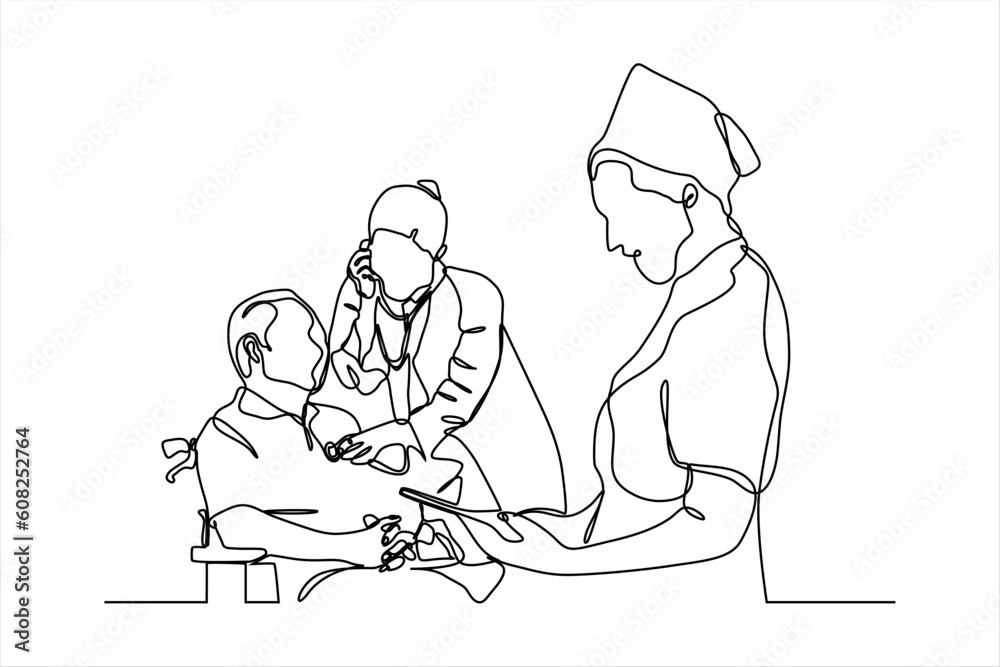 continuous line drawing of doctor examining patient