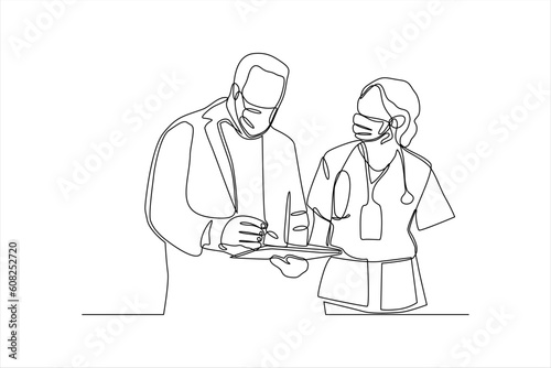 continuous line drawing of doctor and nurse wearing masks
