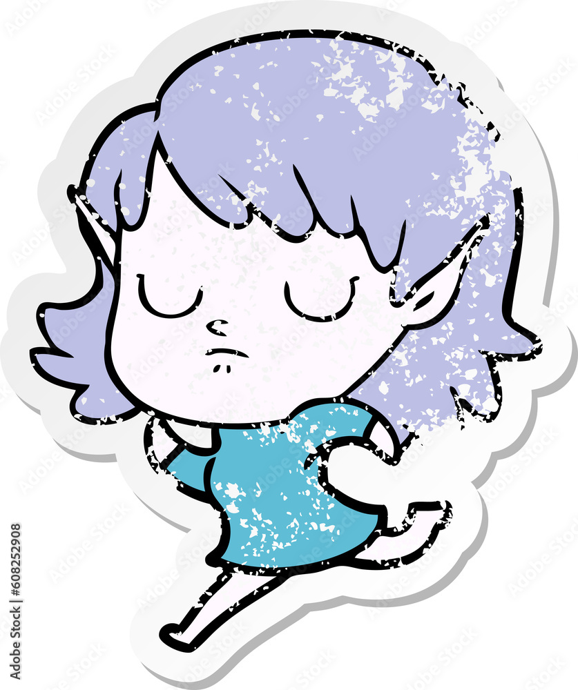 distressed sticker of a cartoon elf girl distressed sticker of a cartoon elf girl