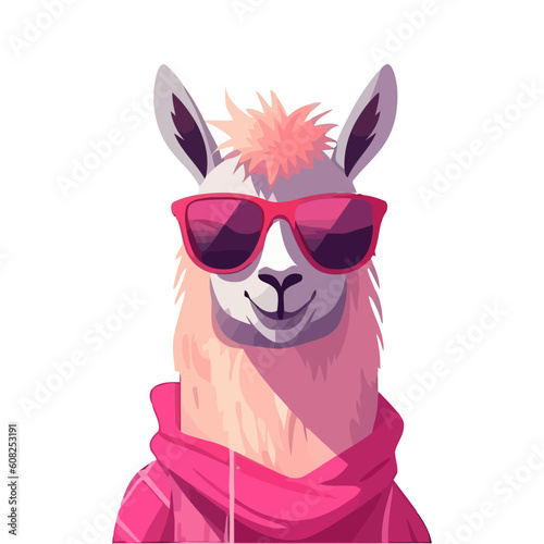 Pink lama in sunglasses, cartoon flat isolated on white background. Vector illustration