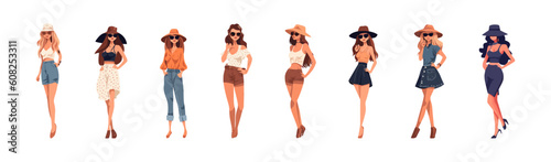 Set of young women, flat cartoon isolated on white background. Vector illustration