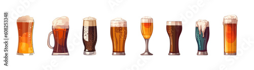 Set of glasses with beer, flat cartoon isolated on white background. Vector illustration
