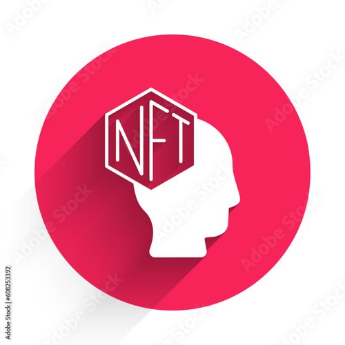 White NFT Digital crypto art icon isolated with long shadow background. Non fungible token. Red circle button. Vector