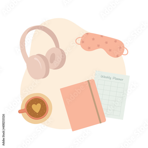 Self care elements set. Notebook, sleeping mask, cup of coffee and headphones. Vector illustration