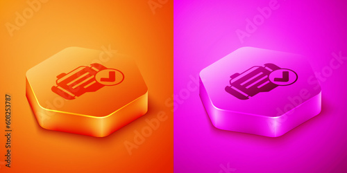 Isometric Check engine icon isolated on orange and pink background. Hexagon button. Vector