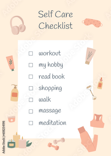 Self care checklist. Healthy habits for wellbeing. Body positive, mental health, self care, love yourself concept