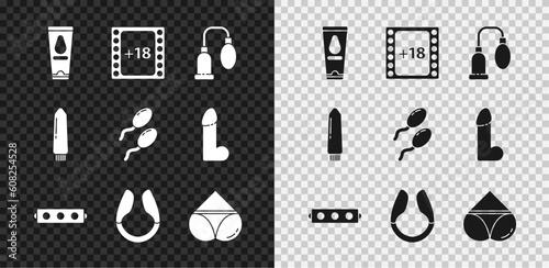 Set Personal lubricant, Play Video with 18 plus content, Penis pump, Silicone ball gag belt, Dildo vibrator, Woman panties, and Sperm icon. Vector