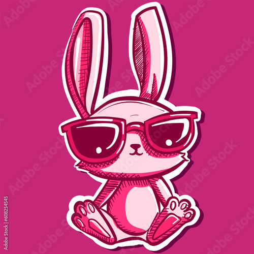 Digital art of a cute fluffy bunny with sunglasses sitting down. Vector of a pink rabbit cartoon sticker.