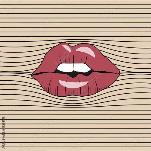 Passionate female Lips in retro engraving style. Vintage poster with Woman Open Mouth. Vector illustration. Trendy modern Cover for love card or design for t-shirt print. Retro Vibes 70s.
