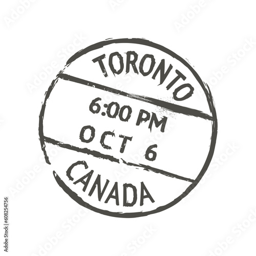 Toronto postage and postal stamp. Post departure country or region imprint, postcard Canadian town antique vector mark or postal envelope Canada, North American Toronto city ink stamp