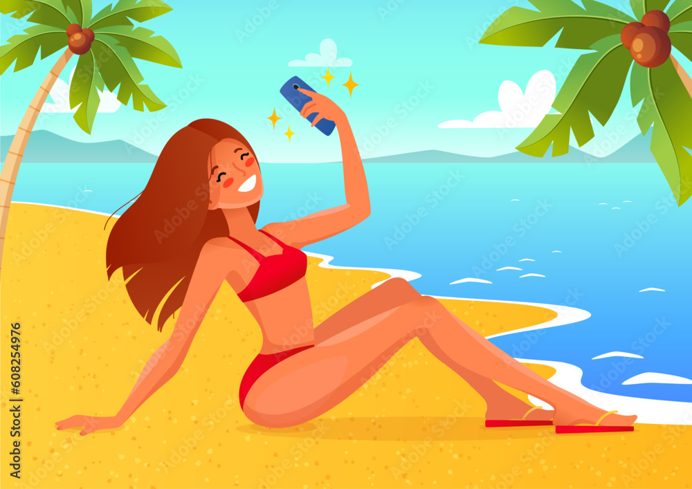 Summer vacation concept. Portrait of a young smiling girl in bikini sitting on a sea beach and making selfie photo with a smartphone. Vector 10 EPS.

