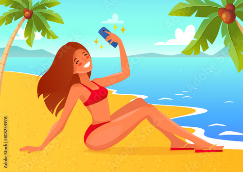 Summer vacation concept. Portrait of a young smiling girl in bikini sitting on a sea beach and making selfie photo with a smartphone. Vector 10 EPS.
