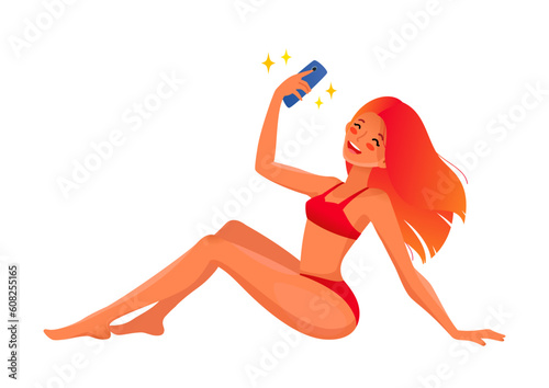 Taking selfie girl. Portrait of a young smiling red haired woman in bikini sitting and making selfie photo with a smartphone isolated on a white background. Vector 10 EPS.