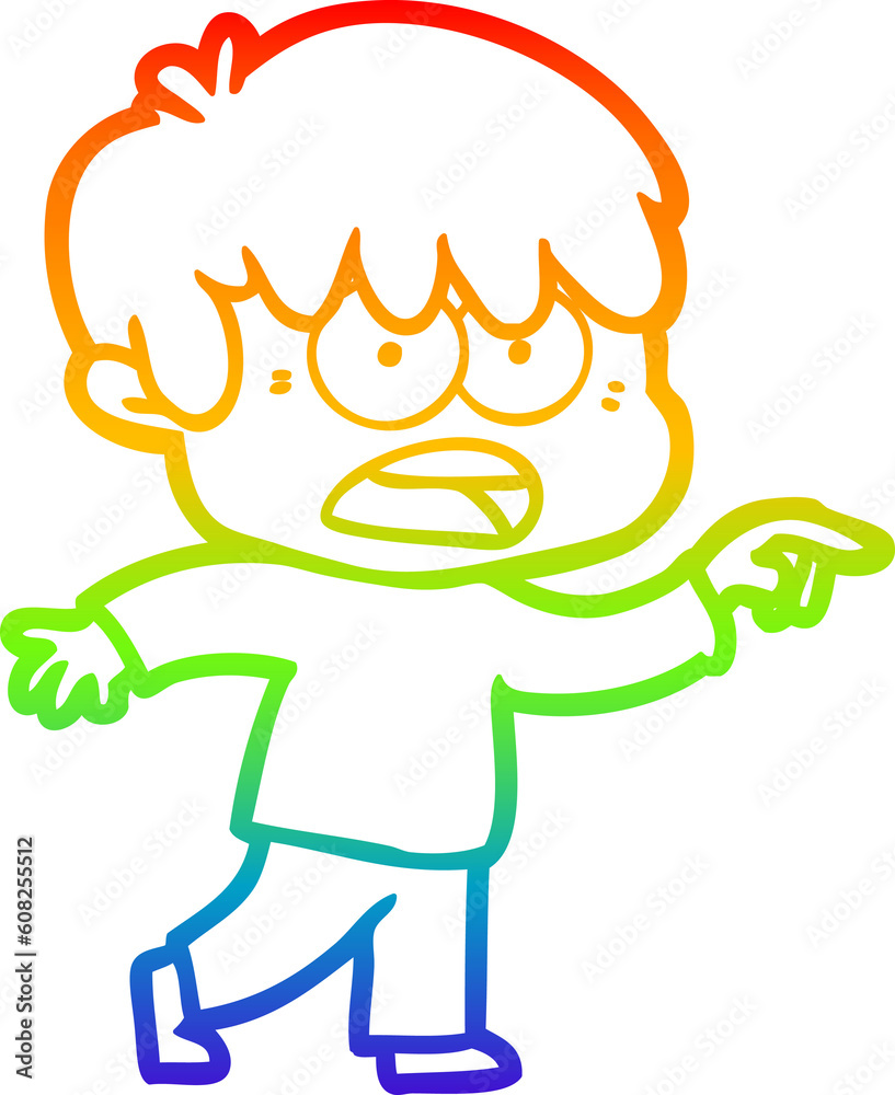 rainbow gradient line drawing of a worried cartoon boy