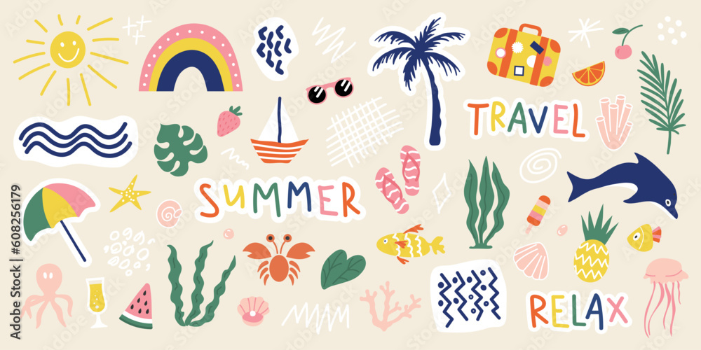 Hand drawn summer design elements. Collection of cute stickers for covers, scrapbooking, home decor and more.Vector illustration.